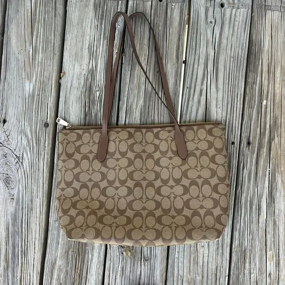 Coach Brown Coated Canvas Zip Top Tote Bag 4455 Leather - Picture 2 of 8